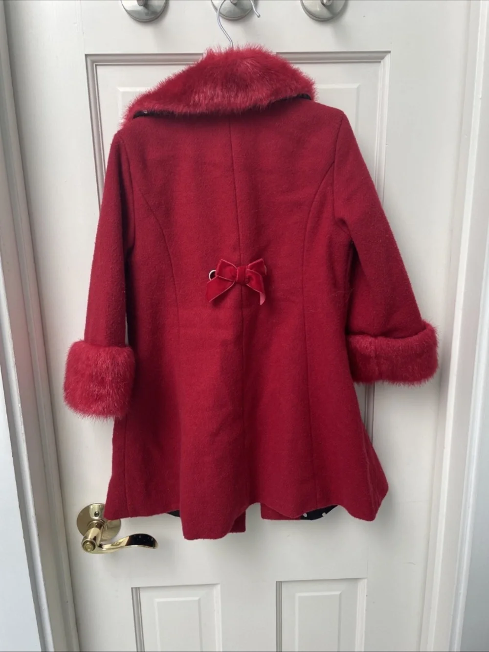 Children’s Place 4T Red Faux Fur Trimmed Wool Holiday Coat Bows Holiday